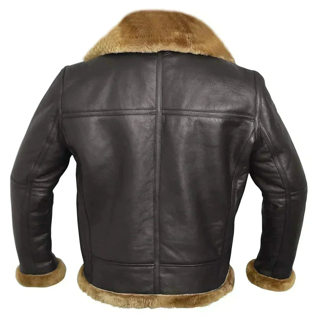 Back view of the dark brown leather aviator jacket showing the tan shearling collar and shearling-trimmed cuffs