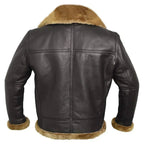 Back view of the dark brown leather aviator jacket showing the tan shearling collar and shearling-trimmed cuffs