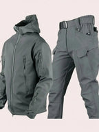 Grey hooded softshell jacket and cargo trousers set with zip pockets and adjustable waist belt