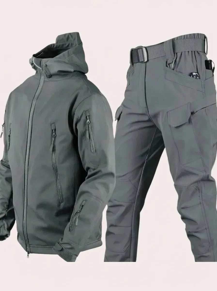 Grey hooded softshell jacket and cargo trousers set with zip pockets and adjustable waist belt