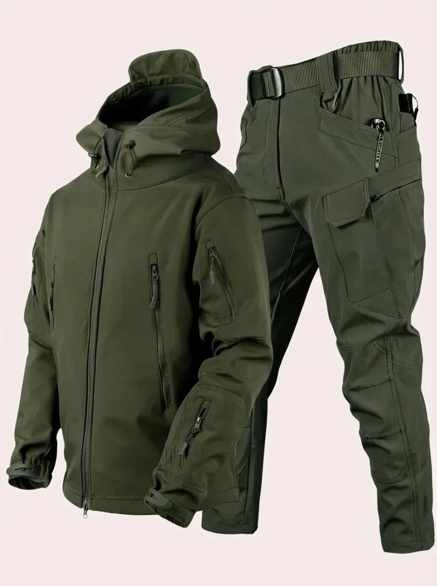 Olive green hooded softshell jacket and cargo trousers set displayed together showing full matching look