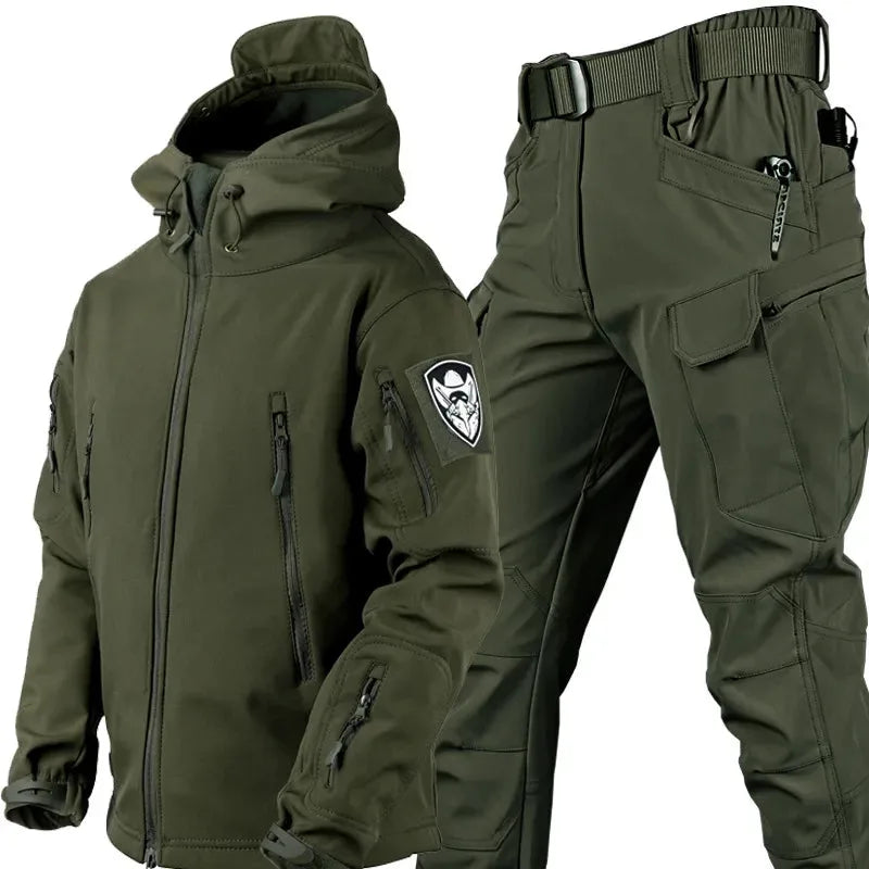 Olive green softshell hooded jacket and cargo trousers set with multiple pockets and adjustable belt