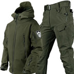 Olive green softshell hooded jacket and cargo trousers set with multiple pockets and adjustable belt