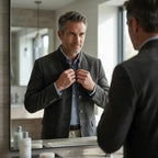 Man buttoning up his grey suede mandarin collar jacket in a bathroom mirror, styled with a striped shirt