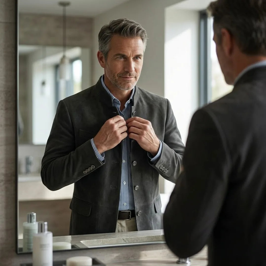 Man buttoning up his grey suede mandarin collar jacket in a bathroom mirror, styled with a striped shirt