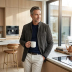 Man in a grey suede mandarin collar jacket layered over a navy jumper, holding a mug in a kitchen setting