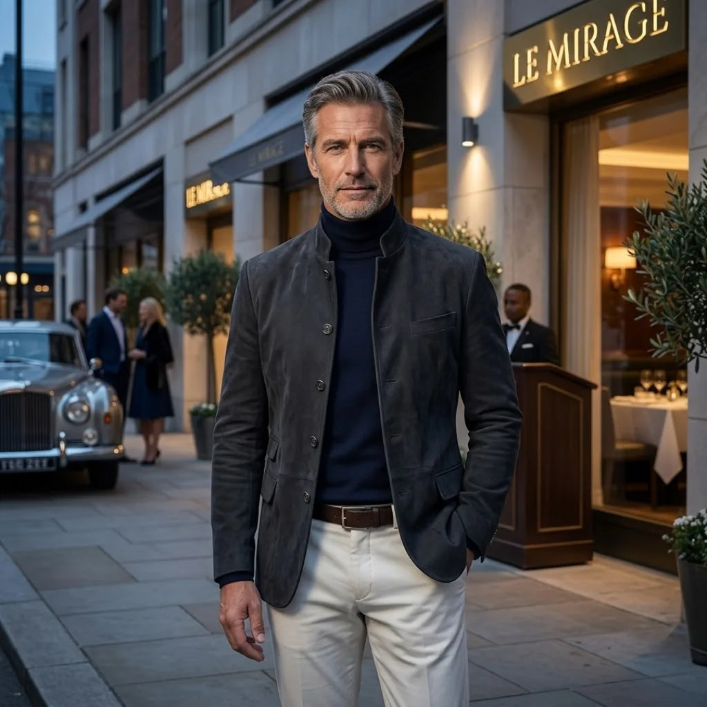 Man in a grey suede mandarin collar jacket over a navy polo neck, standing outside an evening restaurant