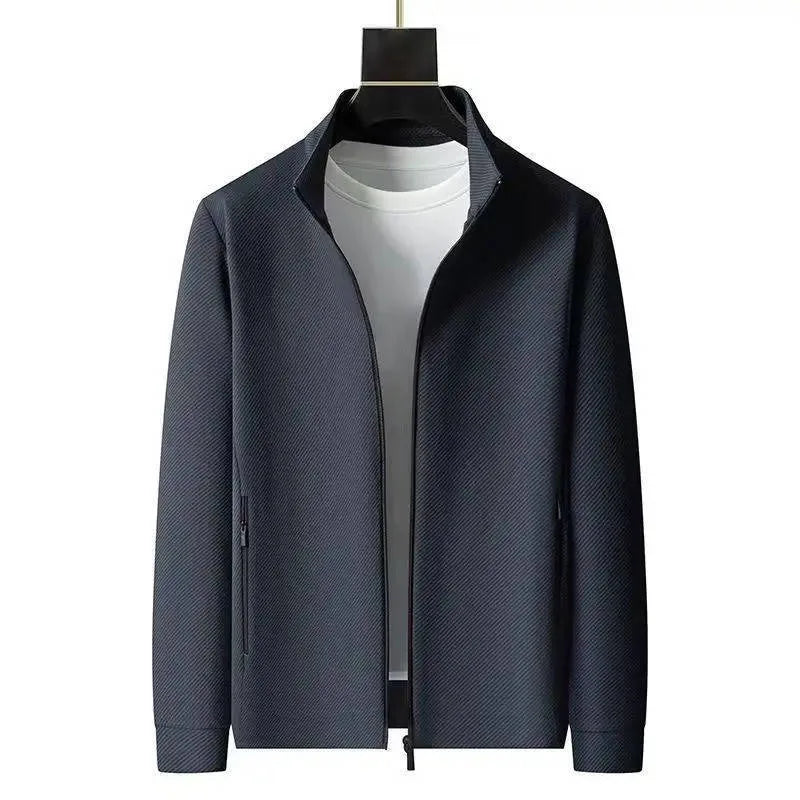 Grey textured zip-up tracksuit jacket shown fully open with stand collar and side zip pockets