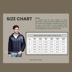 Size chart graphic showing chest, waist and length measurements in inches and centimetres for sizes S to XXL