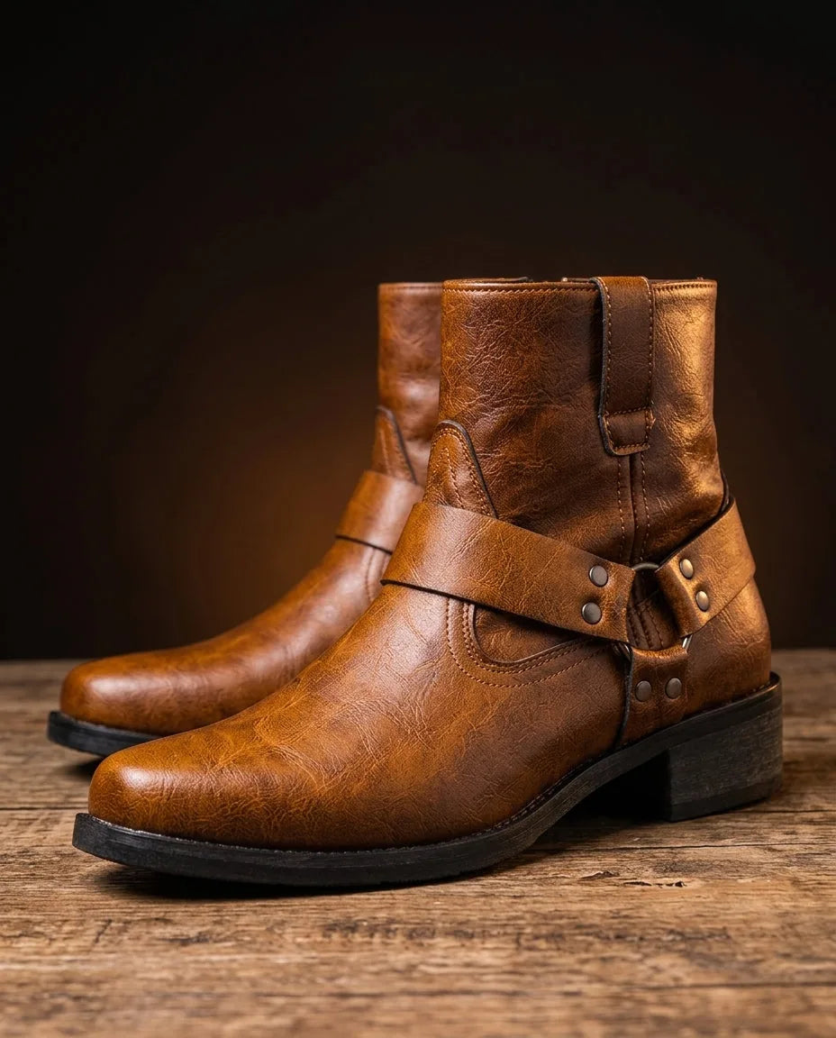 Side view of tan brown harness boots with buckle strap and studs, shown as a pair on a wooden surface