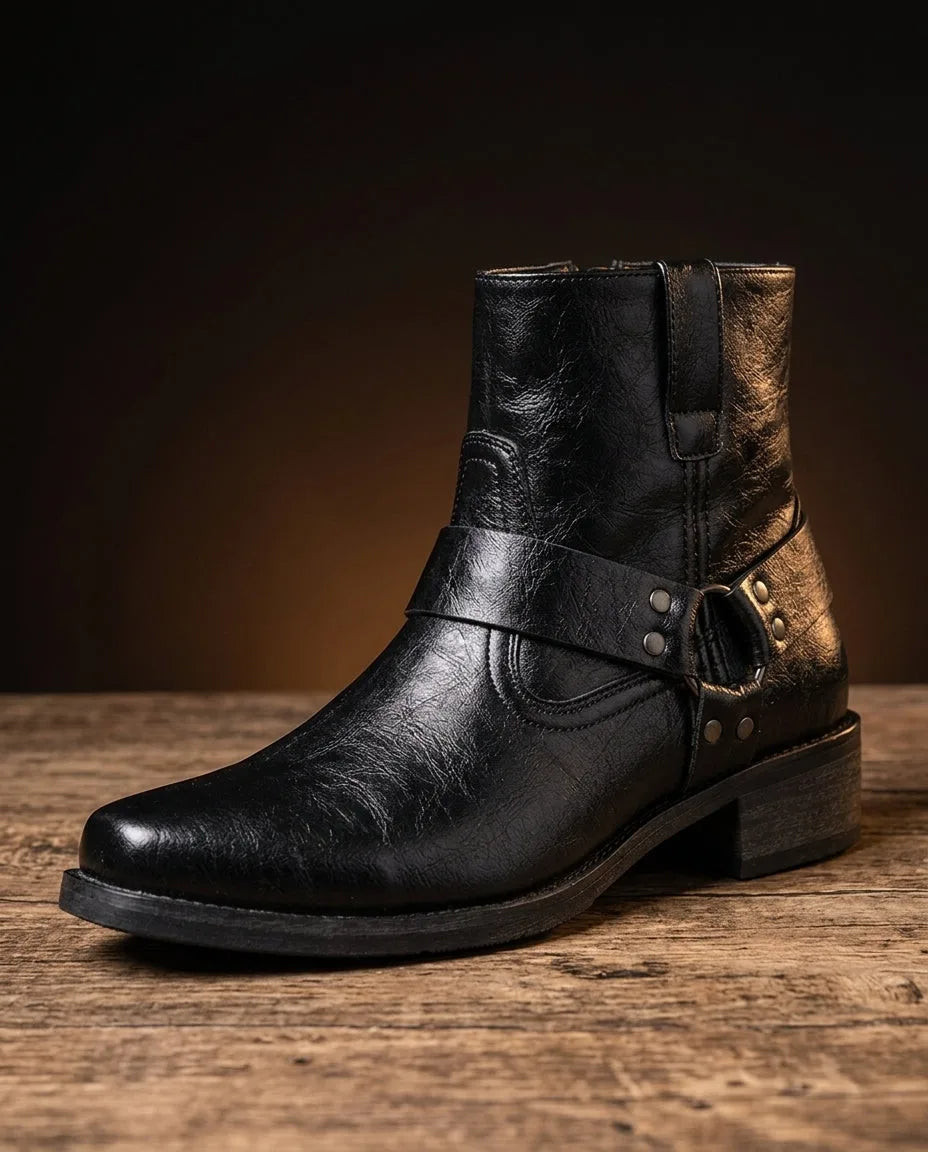 Side angle of a black leather harness boot with metal ring buckle and stitched detailing on a wooden surface