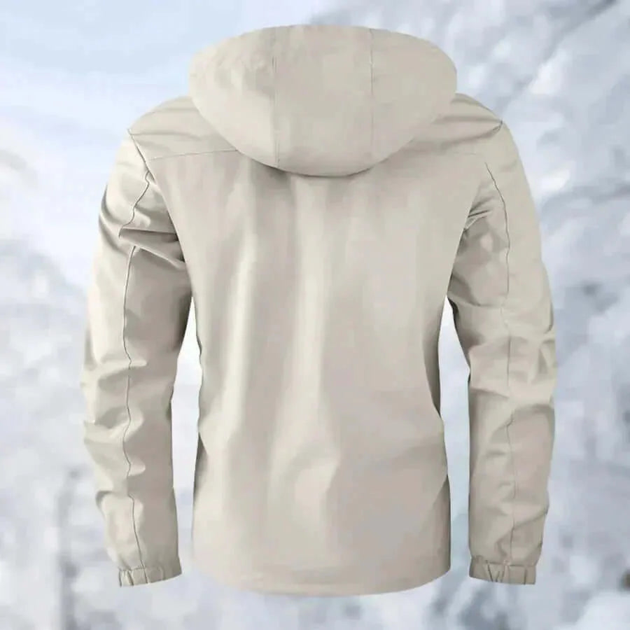 Back view of the stone beige hooded jacket showing the full hood and clean seam lines