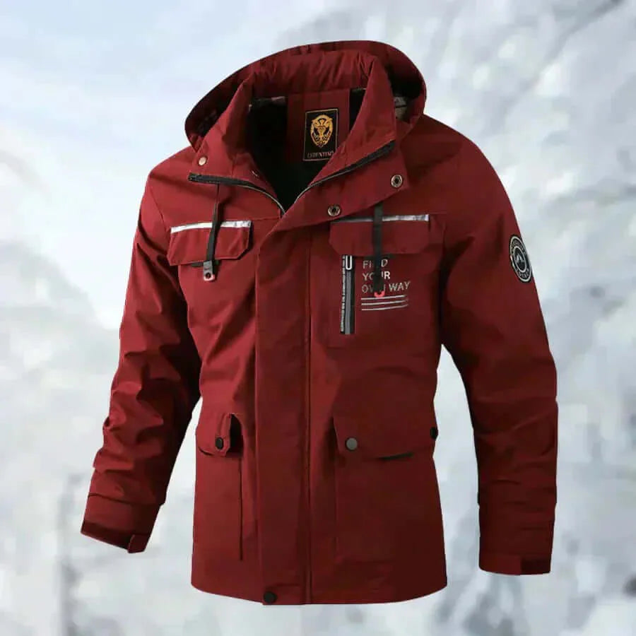 Close-up front angle of the black jacket showing the branded neck label and checked hood lining