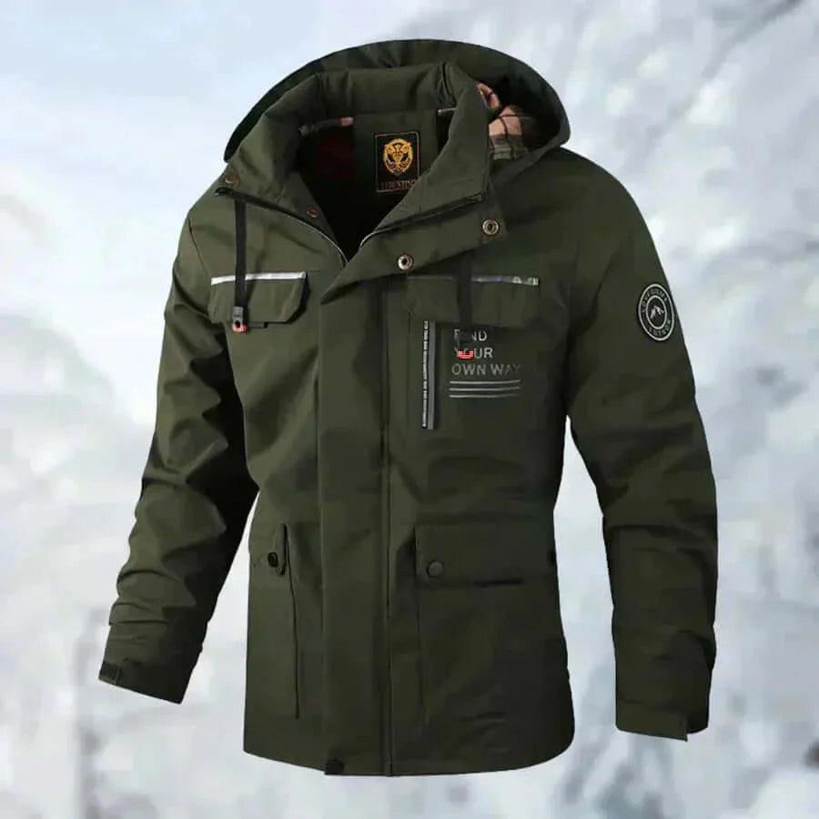 Front view of the same jacket style in black, worn with hood up and pockets fastened