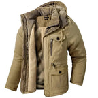 Khaki quilted winter parka with hood open, showing corduroy trim, sherpa fleece lining and chest pocket detail