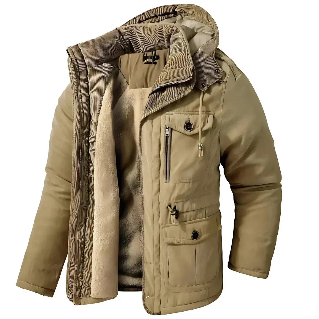 Khaki quilted winter parka with hood open, showing corduroy trim, sherpa fleece lining and chest pocket detail