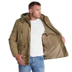 Man wearing an open khaki parka over a white t-shirt, revealing the soft fleece lining and interior pocket