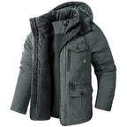 Grey hooded winter parka displayed open, showing quilted panels, corduroy hood lining and multiple front pockets