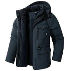 Navy hooded winter parka with hood open, showing fleece lining, drawstring hood and layered cargo pockets