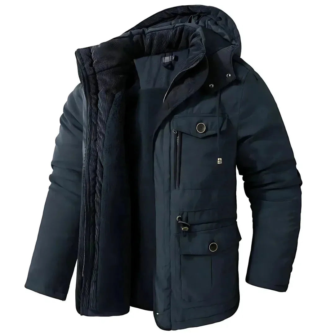 Navy hooded winter parka with hood open, showing fleece lining, drawstring hood and layered cargo pockets