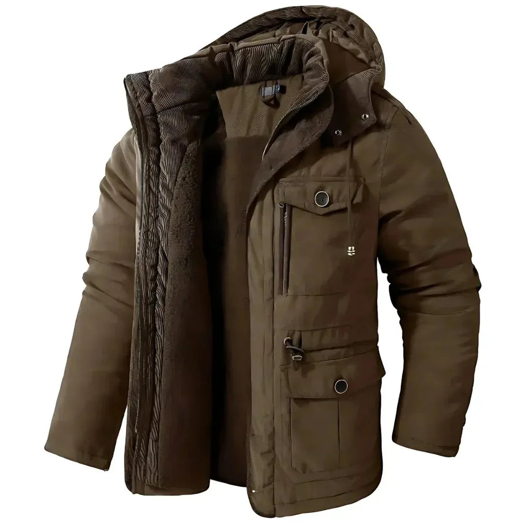 Brown hooded winter parka shown open, highlighting corduroy hood trim, fleece interior and buttoned flap pockets