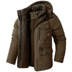 Brown hooded winter parka shown open, highlighting corduroy hood trim, fleece interior and buttoned flap pockets