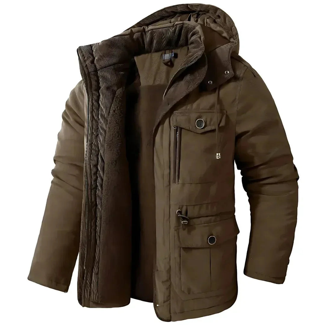 Brown hooded winter parka shown open, highlighting corduroy hood trim, fleece interior and buttoned flap pockets