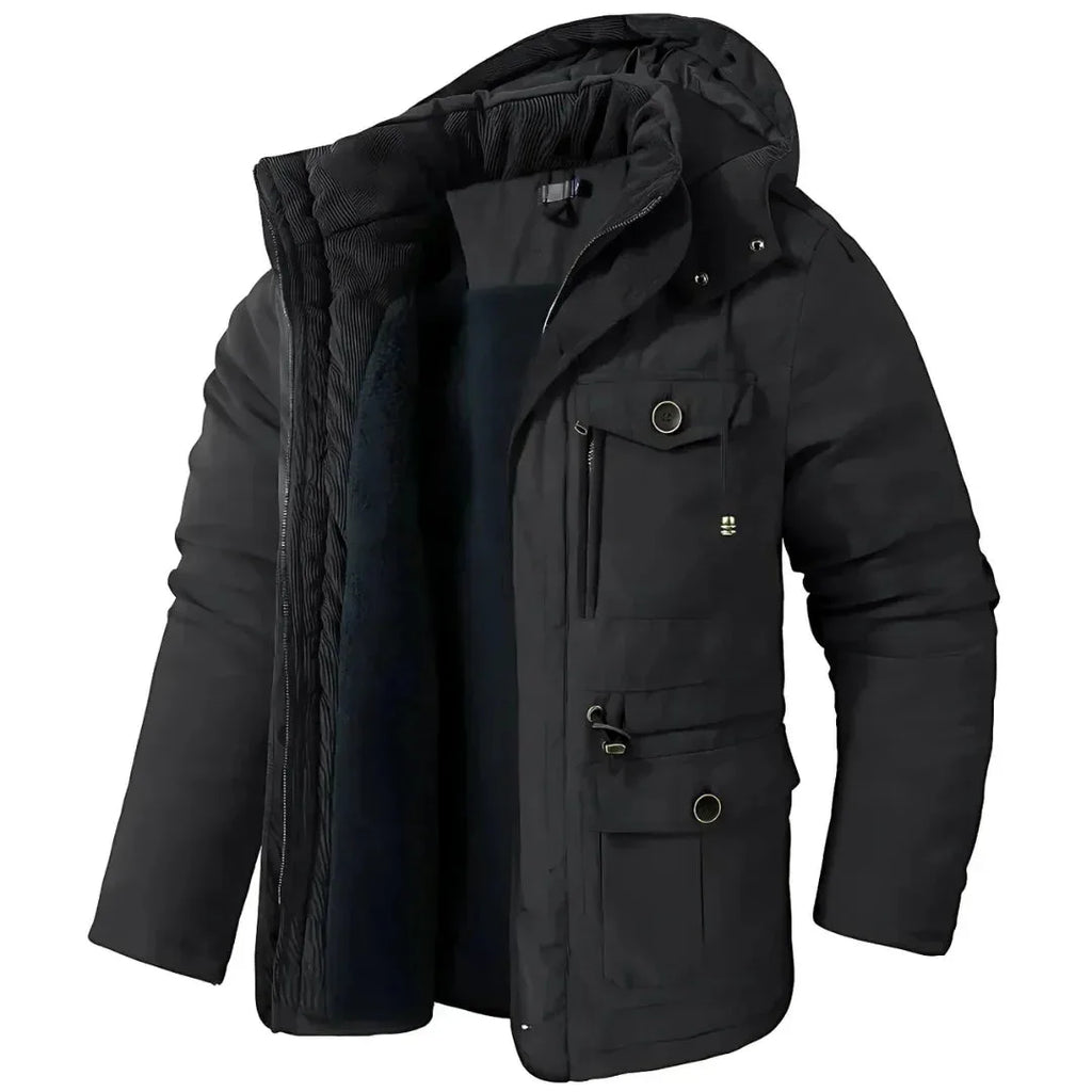 Black hooded winter parka displayed open, showing quilted sleeves, fleece lining and multi-pocket front design