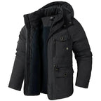 Black hooded winter parka displayed open, showing quilted sleeves, fleece lining and multi-pocket front design
