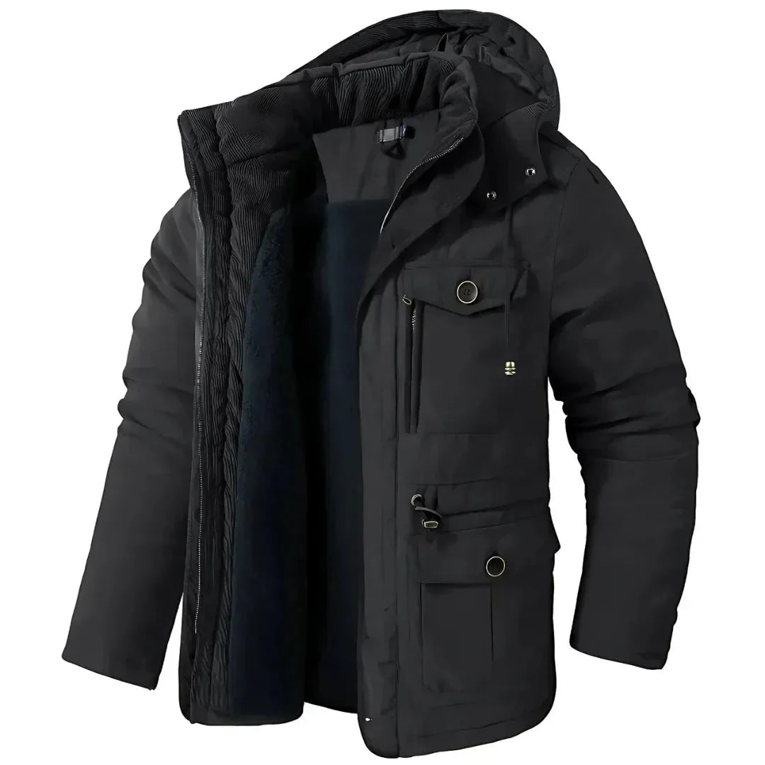 Black hooded winter parka displayed open, showing quilted sleeves, fleece lining and multi-pocket front design