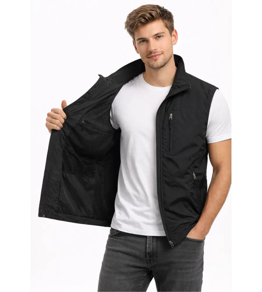 Black gilet shown open to reveal the mesh-panelled interior lining and inner zip pocket
