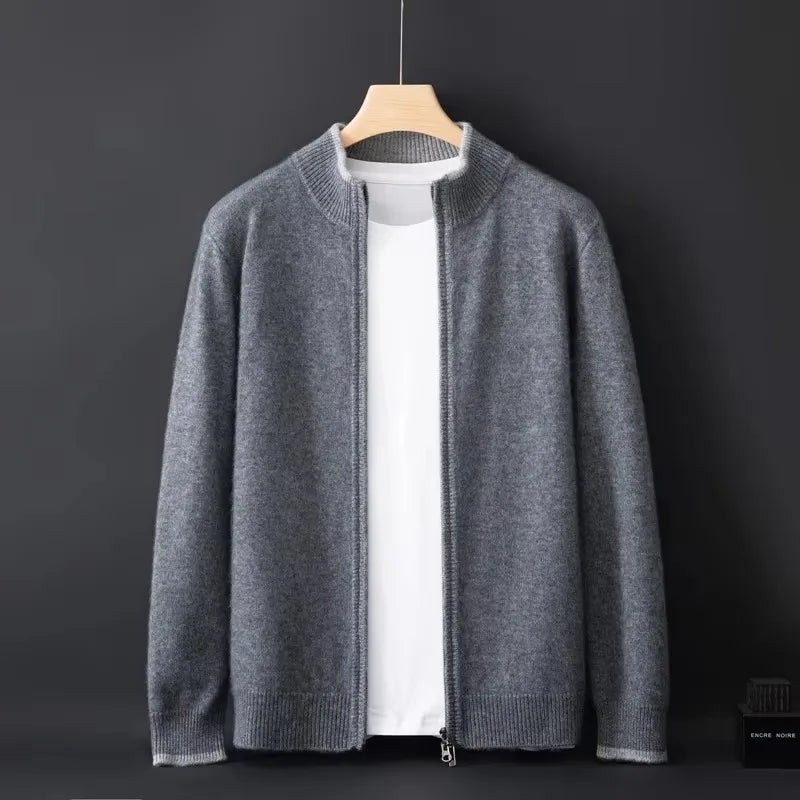 Grey knit cardigan with contrasting light trim, full front view on hanger showing relaxed shape