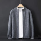 Grey knit cardigan with contrasting light trim, full front view on hanger showing relaxed shape
