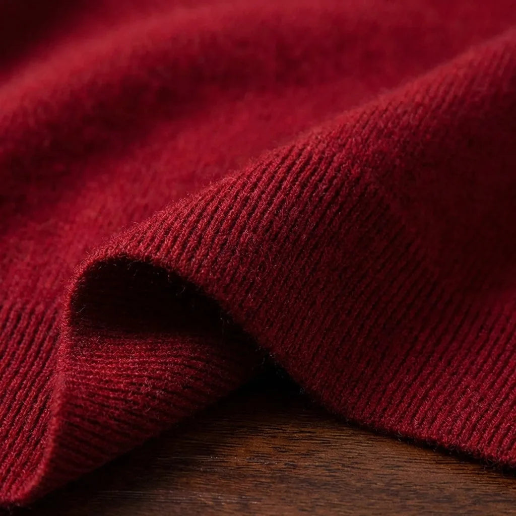 Close-up of the deep red knit fabric folded to show its fine ribbed texture and soft fibres
