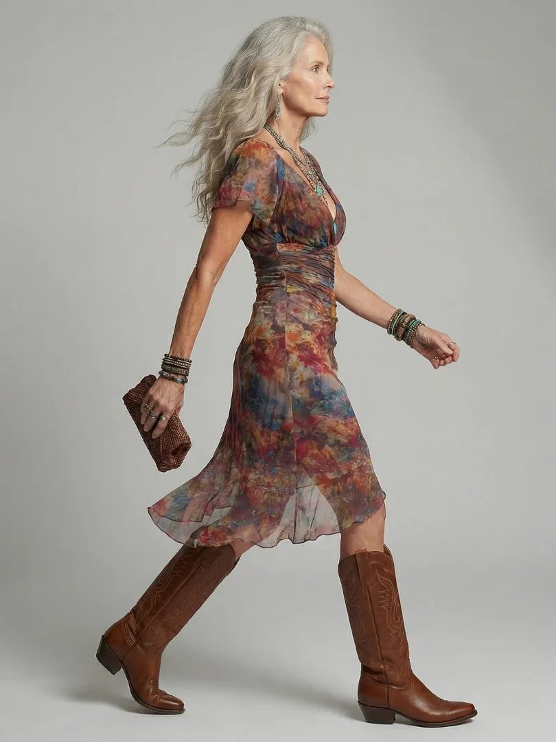 Side profile walking shot showing the flowing asymmetrical hem, side slit and flutter sleeve of the printed mesh midi dress