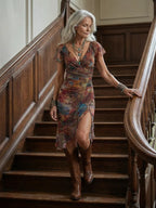 Full-length shot on a staircase showing the dress styled with knee-high brown leather boots for an elegant occasion look