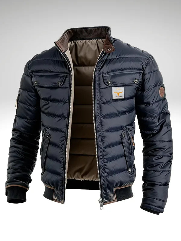 Navy blue quilted puffer jacket for men, unzipped, showing brown corduroy collar and khaki lining