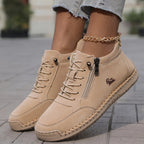 Camel brown leather ankle sneaker shown in motion, revealing the chunky grooved outsole