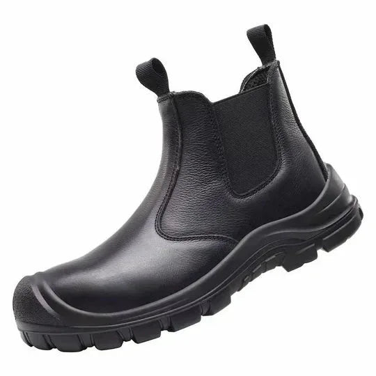 Angled studio shot of a black leather Chelsea boot with elastic side panel and chunky treaded sole