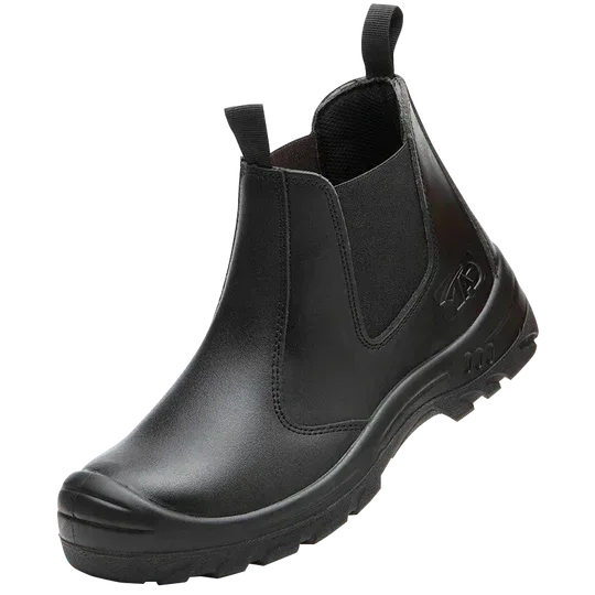 Front-angle view of a black Chelsea boot highlighting the protective toe cap and lugged rubber outsole