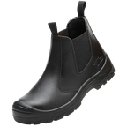 Front-angle view of a black Chelsea boot highlighting the protective toe cap and lugged rubber outsole