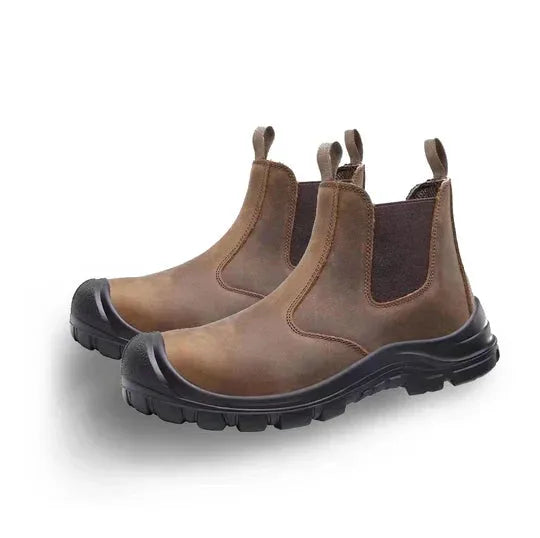 Pair of brown leather Chelsea boots shown together, showcasing the elastic gusset and durable sole unit