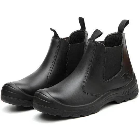 Pair of black leather Chelsea boots viewed from the side, displaying the full silhouette and sole tread