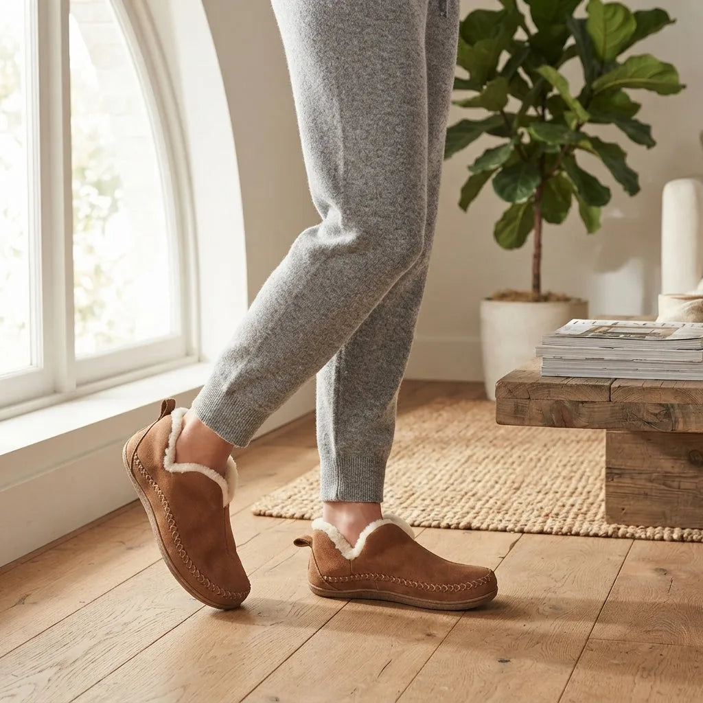 Side profile of a model wearing the tan slip-on boots at home near a window, with a plant and wooden coffee table