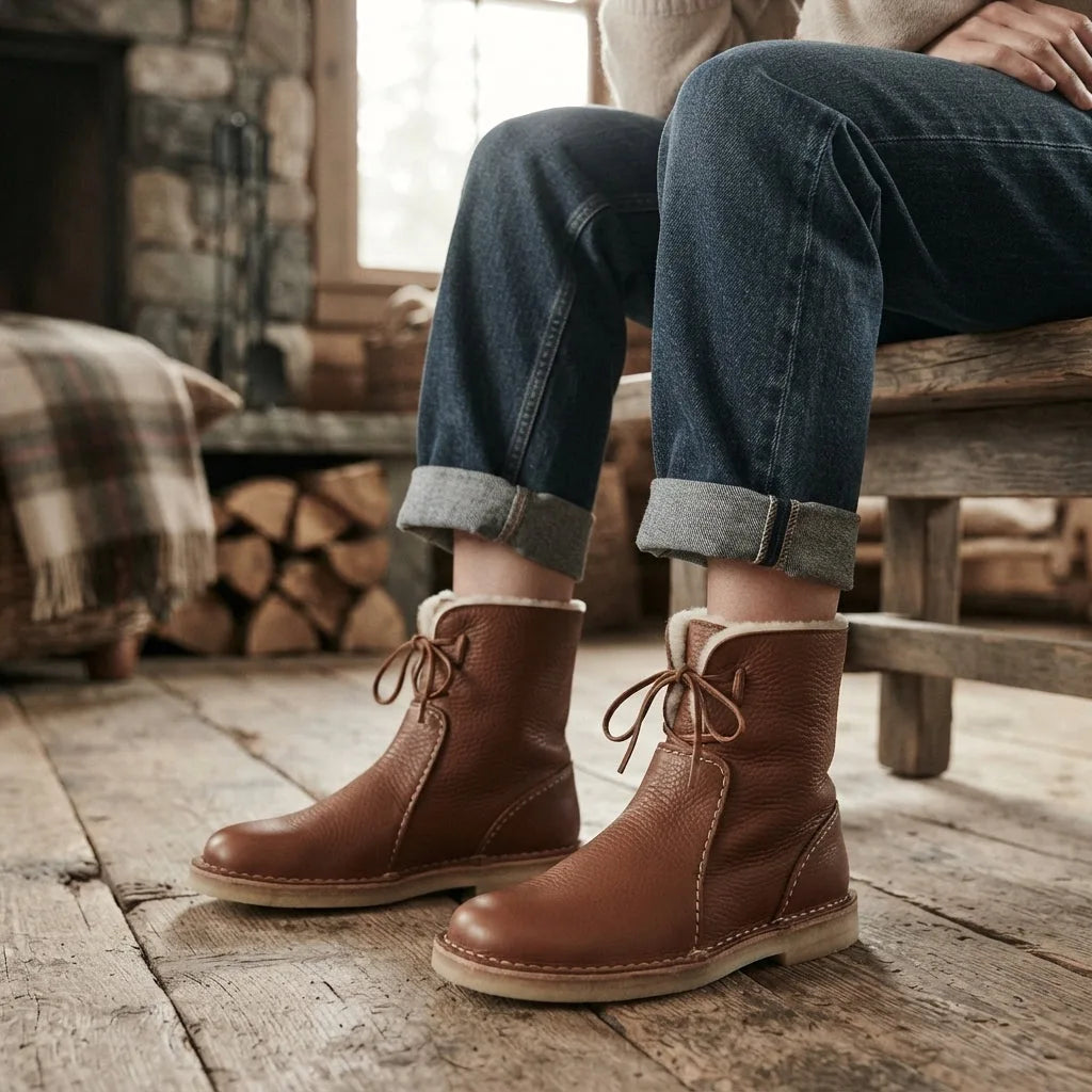 Model wearing brown leather slouch boots with turned-up jeans, seated in a cosy cabin setting