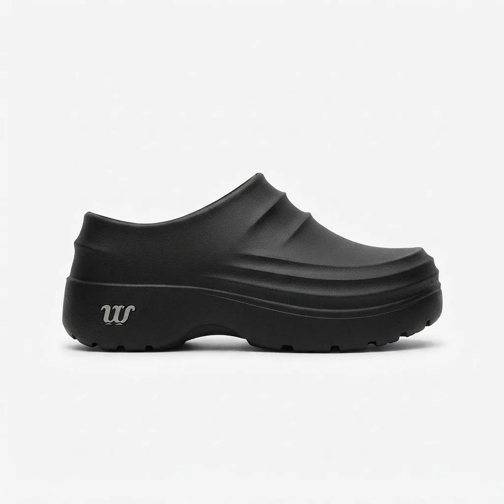 Side profile of a black chunky platform clog with ridged vamp detail and thick lugged sole on a plain background