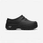 Side profile of a black chunky platform clog with ridged vamp detail and thick lugged sole on a plain background