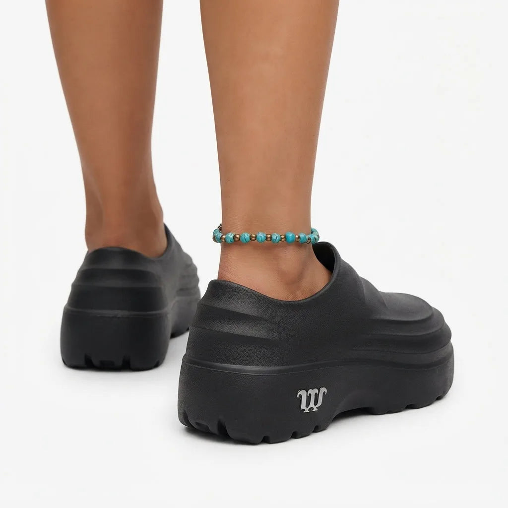 Back view of a model's ankles wearing black platform clogs, highlighting the heel cup shape and chunky tread