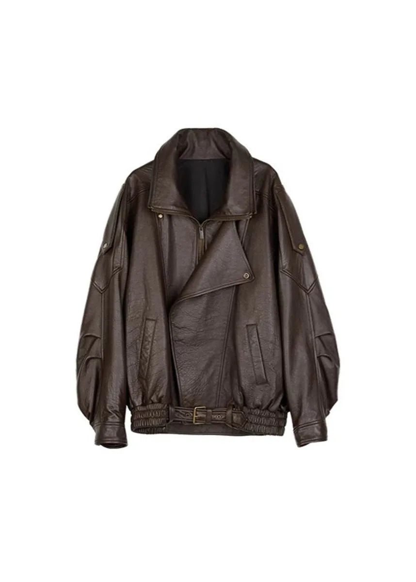 Flat lay product shot of the brown leather bomber jacket showing full silhouette and hardware details