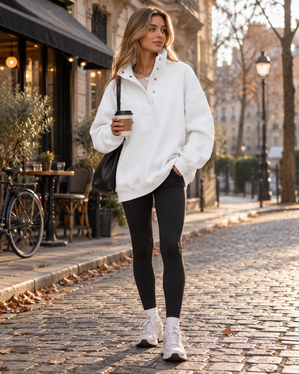 Close-up front view of a white oversized henley-collar sweatshirt with metal snap buttons, worn with black leggings and a black shoulder bag.